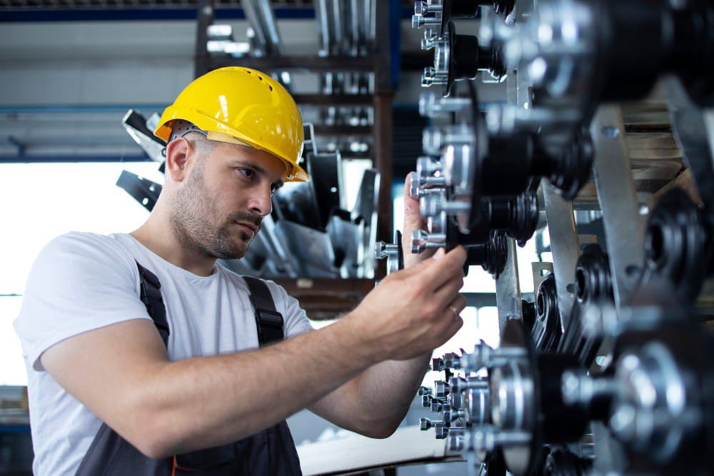 Operaio con casco giallo controlla un manometro di pressione durante un'attività di monitoraggio industriale