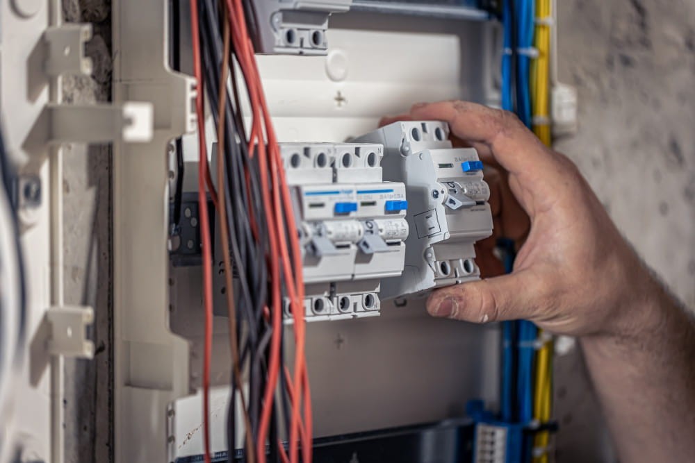 La mano di un tecnico che sostituisce un interruttore automatico in un quadro elettrico, fra cavi rossi, neri e blu.